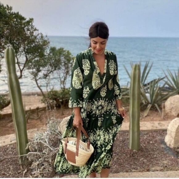 ZARA Maxi Print Dress Kaftan Cover Up Boho Tropical - Picture 5 of 13